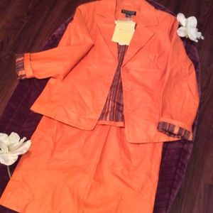 2pc QVC Dialogue Med Orange Leather Blazer & Skirt
